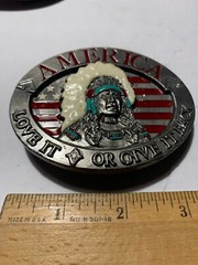 Pewter Belt Buckle Patriotic America Love It or Give it Back NEW sky blue stripe