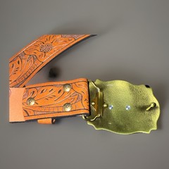 Western Faux Leather Belt Longhorn Steer Buckle Brown Antique Style Brass Tone