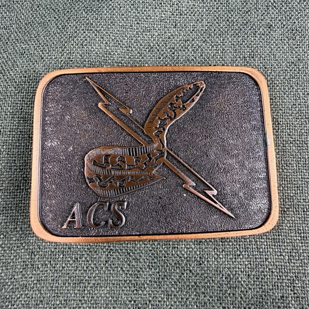 Vintage AT Designs ACS Belt Buckle Made In Canada Copper eel Lightning