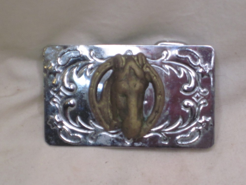 vintage belt buckle ornate horse head equestrian steed horseshoe Western Japan m