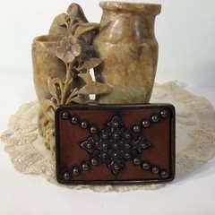 Brass Leather & Studs Belt Buckle~Brown/ Gold Handcrafted ~UNIQUE ~FREE SHIPPING