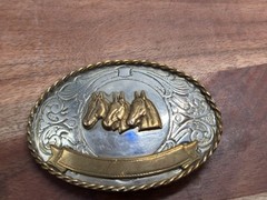 VINTAGE Western German Silver / Brass Triple Horse Head Portrait Engraved Buckle