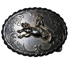 Vintage Western Bronco Rider Belt Buckle Two Tone Silver Gold Oval Floral Scroll