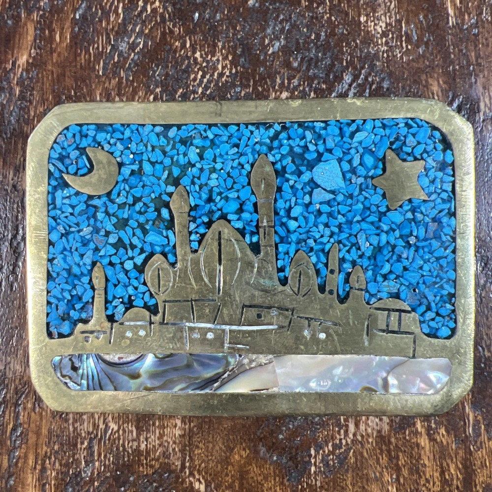 VTG Native / SW Pueblo Design Brass Belt Buckle Turquoise & Abalone Chip Inlay