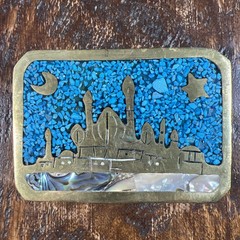 VTG Native / SW Pueblo Design Brass Belt Buckle Turquoise & Abalone Chip Inlay