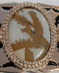Western Style Belt Buckle Silver Tone Gold Tone Trim Polished Agate Oval Center