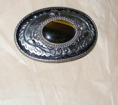 Vintage TIGER EYE Gemstone BELT BUCKLE Polished Stone linlay WESTERN Cowboy