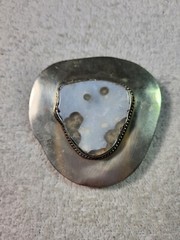 Vintage Unmarked Coin Silver & Brass Belt Buckle Mexico Inlaid Agate