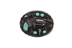Men Western Buckle Dark Silver Metal Revolver Pistol Gun Feather Bull Turquoise