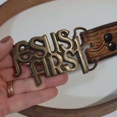 Jesus First Belt Buckle Solid Brass Vintage Handmade Leather Icthus belt 33&Prime;-37&Prime;