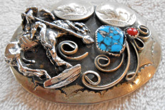 Sterling Native American Belt Buckle – Buffalo Nickels Turquoise/Coral 76g TW