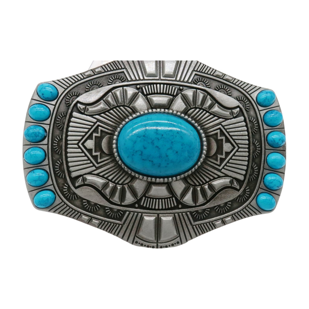 Men Silver Metal Buckle Aztec Western Style Turquoise Blue Beads Casual Day Wear