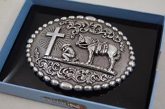 Nocona Western Belt Buckle Cowboy Man at Cross Praying Silver 37374