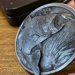 Vintage 1977 3D top water jumping Bass Pewter Gray Bergamot X-144 Belt Buckle