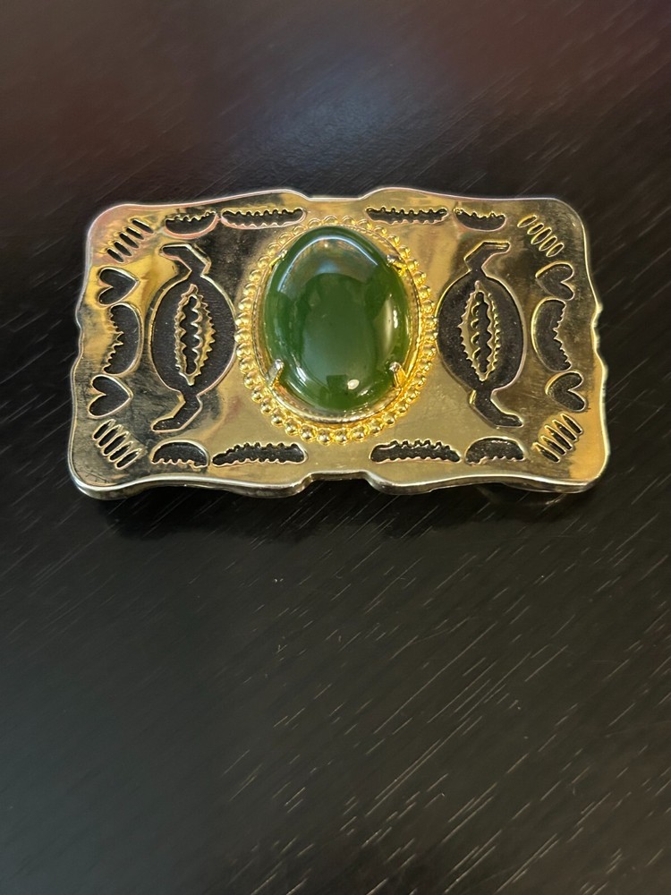 Vintage Collectible Green Stone Gold Tone and Black Belt Buckle
