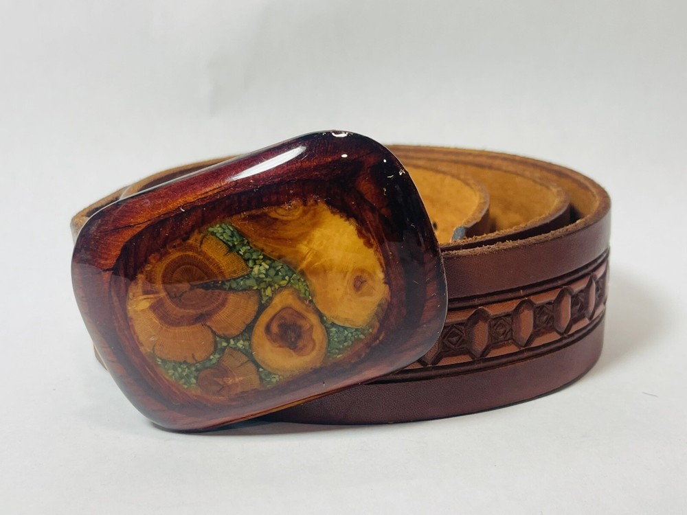 Vintage Wood and Stone Polished Acrylic Belt Buckle and Leather Belt Brass