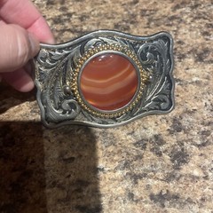 Western Belt Buckle Wood Cabochon Goldtone Metal Black Background Leaf 3.5 X 2.5