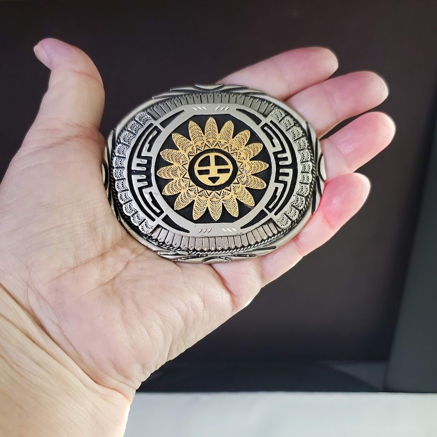 SSI Southwestern Hopi-inspired Sunface Belt Buckle Silver Gold Tone Metal