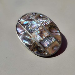 Vintage Alpaca Silver Abalone Shell Iridescent Mosaic Mexico Belt Buckle