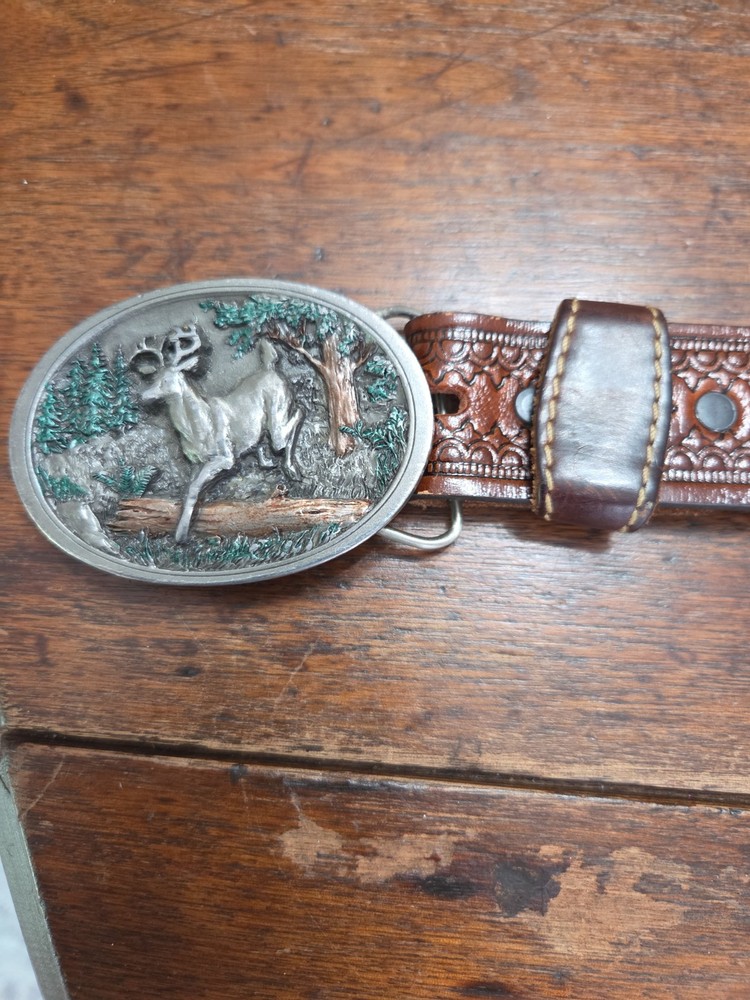 Belt C+ J Inc Pewter Buckle With Deer In Woods Belt Brown Tooled Leather 46