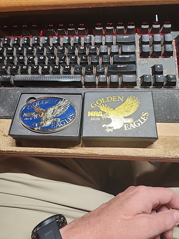 2010 NRA Golden Eagles Belt Buckle – Blue Inlay New in Original Box