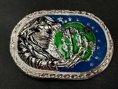 Skull Face Holding The Earth Grim Reaper Silver Green Gothic Biker Belt Buckle