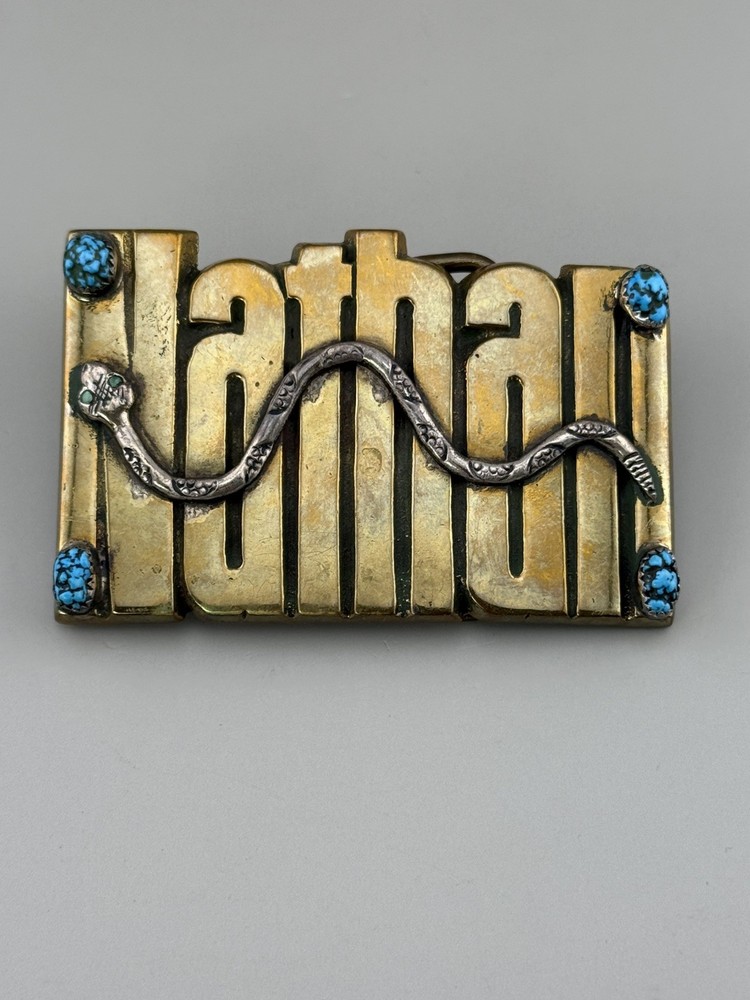 Nathan Snake Belt Buckle Solid Brass Turquoise Look Western Cowboy Vintage 1978