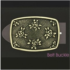 Rectangular Rose Pattern Belt Buckle in Antique Brass Vintage Metal Design