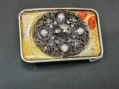 Chunky Raised Flower Swirl Theme Oval Cluster In Rectangular Belt Buckle