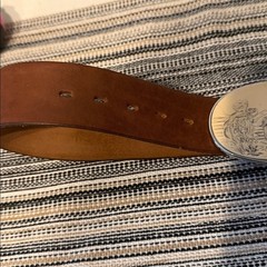 Tan Leather Belt Mens Western Cowboy Scene Oval Buckle Size 32