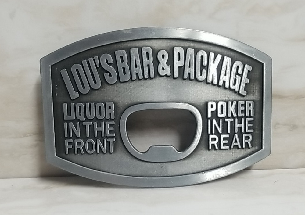 Lou&rsquo;s Bar BELT BUCKLE Poker & Liquor with Bottle Opener