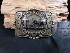 Men&rsquo;s Belt Buckle &lsquo;Cowboy Prayer,&rsquo; Brass with Silver Tone Cowboy, Horse & Cross