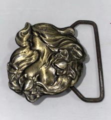 Lewis Pewter Metal Belt Buckle Vintage 1975 Art Nouveau Head Breasts Flowers