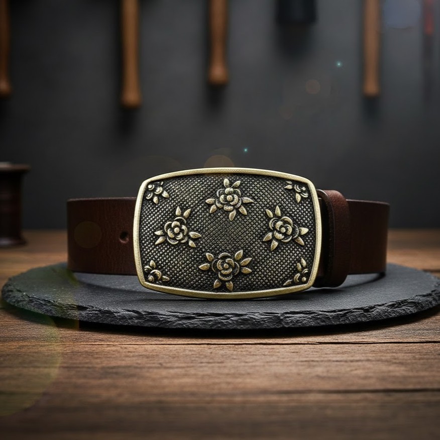 Rectangular Rose Pattern Belt Buckle in Antique Brass Vintage Metal Design