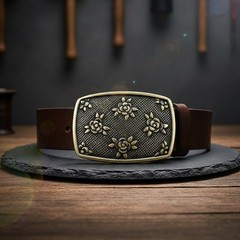 Rectangular Rose Pattern Belt Buckle in Antique Brass Vintage Metal Design