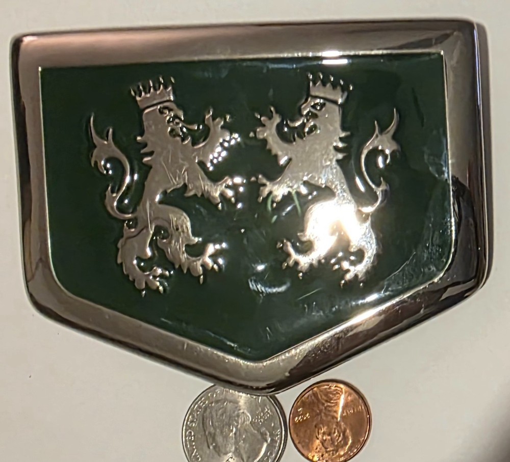 Vintage Metal Belt Buckle, Super Thick Metal, Green Enamel Chrome, Lions, Royal