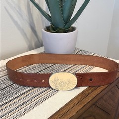 Tan Leather Belt Mens Western Cowboy Scene Oval Buckle Size 32