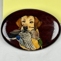Vintage Hand Painted Wood Belt Buckle Yellow Labrador Retriever Mallard Duck Dog