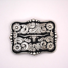 Nocona Western Belt Buckle Rectangle Longhorn Silver Tone and Black 37586