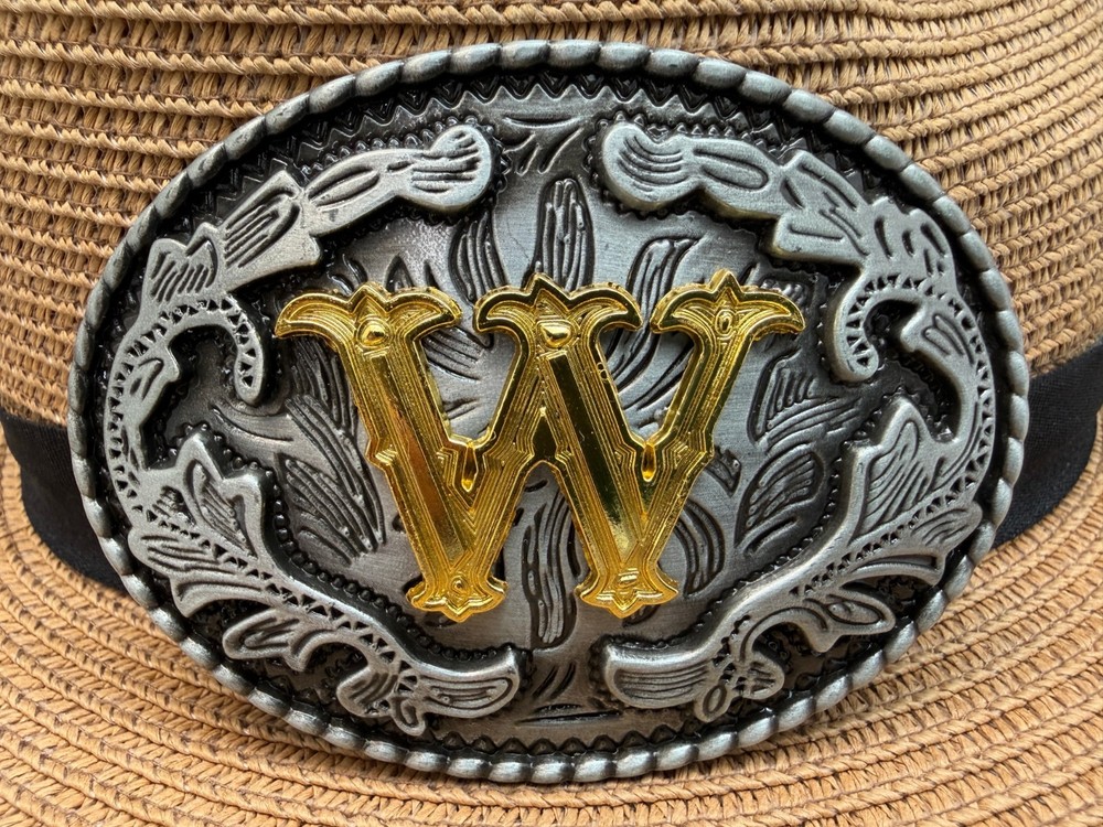 Antiqued Silver Gold Initial W Oval Western Cowboy Floral Vine Belt Buckle