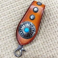 Western Leather Keychain, Turquoise Accent Cowhide Key Ring Clip Car Key Holder