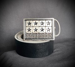 « 8 Tarnished Stars » Military Industrial Belt Buckle Black Leather Darren McNeese