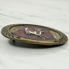 Vintage Aminco 1980 Solid Brass Deer Belt Buckle Red Black Enamel Oval Laurel