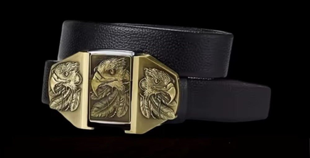 EAGLE BELT BUCKLE WITH HIDDEN FLIP-LIGHTER & Faux Leather Black Belt