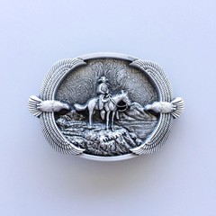 Western Cowboy on Horse Eagles Silver Metal Belt Buckle