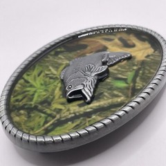 CAMO Big-Mouth Bass BELT BUCKLE Metal Western Fishing USA Camouflage Silver Tone