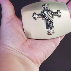 Silver Tone Ornate Cross Belt Buckle Brushed Metal Rectangular Religious Western