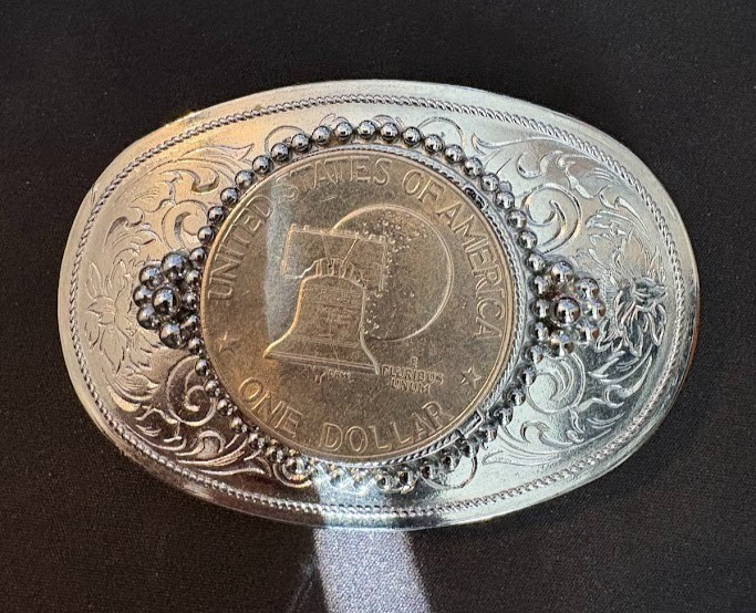 Vintage Metal Belt Buckle with Silver Dollar 1976