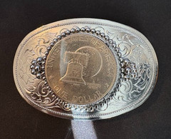 Vintage Metal Belt Buckle with Silver Dollar 1976
