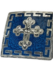 Western Mens Belt Buckle 3.25 x 3 in Southern Cross Cowboy Blue Silver 1.5